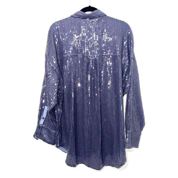 Anthropologie Pilcro Full Sequin Button Down Shirt - Blue M - Picture 6 of 11